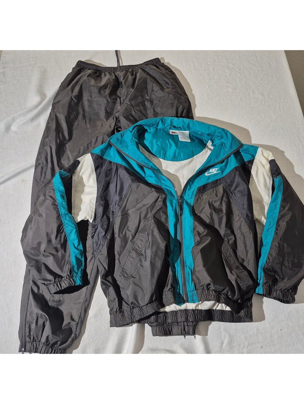 Vintage 90s Nike Men's Complete Tracksuit L Large Black Turquoise Nylon